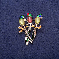 Брошка Папужки з Кабошоном Котяче око, золотистий метал 30х39мм купити біжутерію оптом в інтернеті