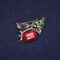 Брошка Гілочка з червоними і зеленими кристалами і стразами, сірий метал 25х34мм купити біжутерію дешево оптом в інтернеті