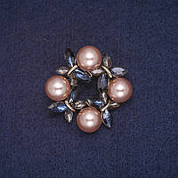 Брошка Вінок з намистинами, синіми і сірими кристалами, колір металу золото 34х35мм купити біжутерію дешево оптом в інтернеті