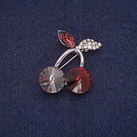 Брошка Вишеньки з камінням і стразами колір сірий бордовий хамелеон 24х29мм сріблястий метал купити біжутерію дешево оптом в