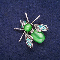 Брошка Метелик з зеленим Котячим Оком і стразами, сріблястий метал 33х34мм купити біжутерію дешево оптом в інтернеті