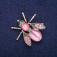 Брошка Метелик з рожевим Котячим Оком і стразами 33х34мм, метал з золотистим відливом купити біжутерію дешево оптом в інтернеті