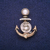 Брошка Якір з намистинами і стразами, золотистий метал 28х39мм купити біжутерію дешево оптом в інтернеті