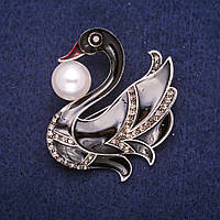 Брошка Чорний Лебідь з емаллю, стразами і намистиною, сріблястий метал 43х44мм купити біжутерію оптом в інтернеті