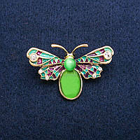 Брошка Метелик кольорова емаль, білі кристали і Зелений Котячий Око, золотистий метал 27х42мм купити біжутерію дешево оптом в
