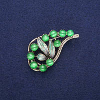 Брошка Гілочка з Зеленим Котячим Оком і емаллю, золотистий метал 28х52мм купити біжутерію дешево оптом в інтернеті