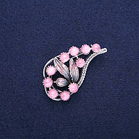 Брошка Гілочка з Рожевим Котячим Оком і емаллю, сріблястий метал 28х52мм купити біжутерію дешево оптом в інтернеті