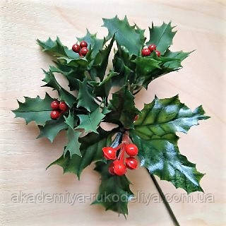 Гілка падуба листям і червоними ягодами — 27 грн діаметр розетки 9 см, висота листя 7 см., фото 1