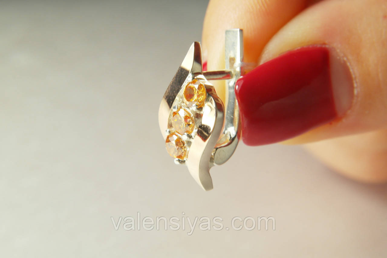 Срібні сережки з фіанітами та золотими пластинами