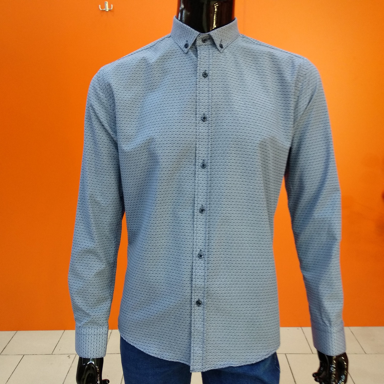 Сорочка чоловіча стрейч довгий рукав гудзики синя, фото 1