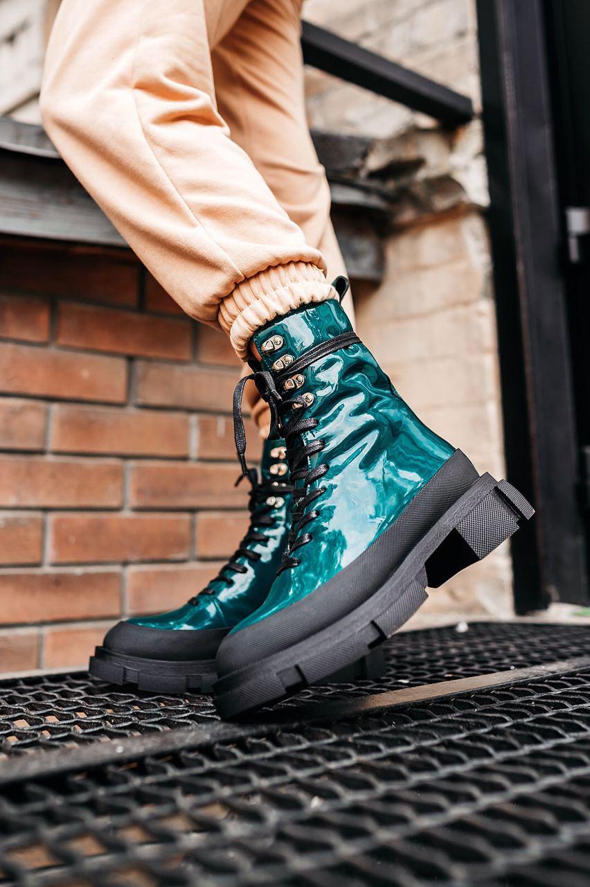 Черевики жіночі Both Gao High Boots зелені з натуральної лакової шкіри осінь весна повсякденні
