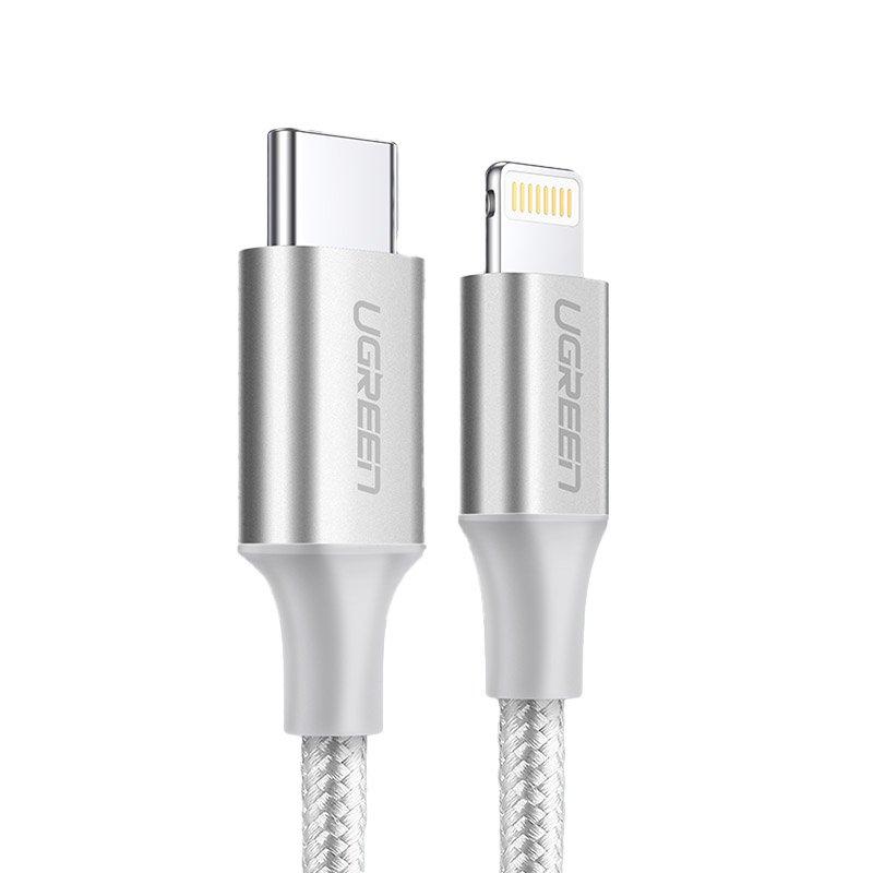 Кабель зарядный Ugreen MFi сертифицированный USB-C to Lightning 1М Nylon Silver (US304) - фото 1 - id-p1249796963