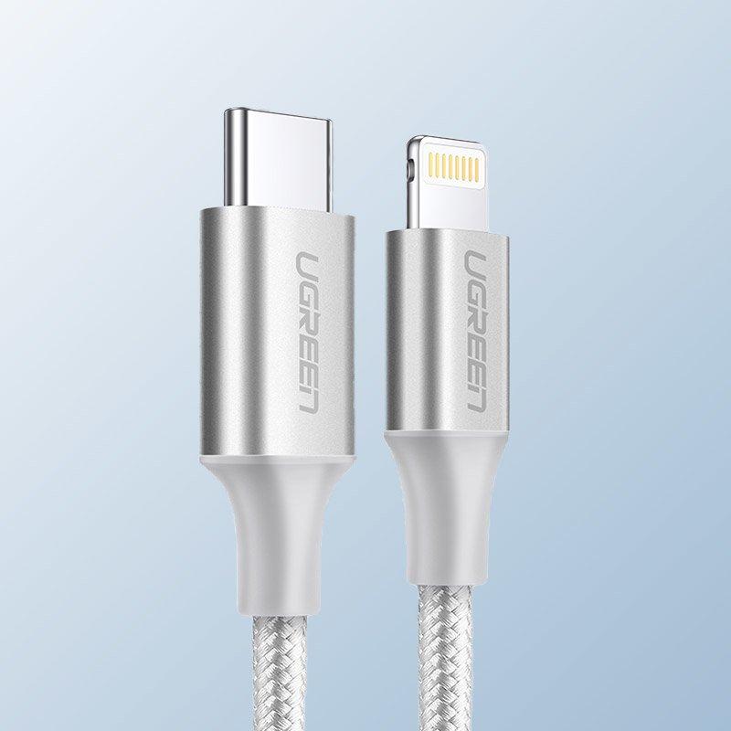 Кабель зарядный Ugreen MFi сертифицированный USB-C to Lightning 1М Nylon Silver (US304) - фото 2 - id-p1249796963