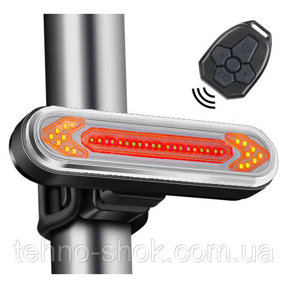 Велофонар BK600 "STOP" із зазначенням поворотів (червоний + жовтий), ЗП micro USB, ст. акум., пульт керування