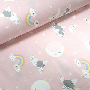 Тканина поплін місяць, гори та веселка на рожевому (ТУРЦІЯ шир. 2,4 м)