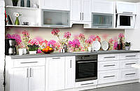 Виниловый кухонный фартук Пеларгония (наклейка для кухни ПВХ пленка скинали) калачики Цветы Розовый 650*2500