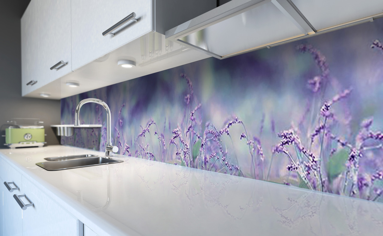 Вініловий кухонний фартух Польові Трави (наклейка для кухні ПВХ плівка скіналі) Квіти Фіолетовий