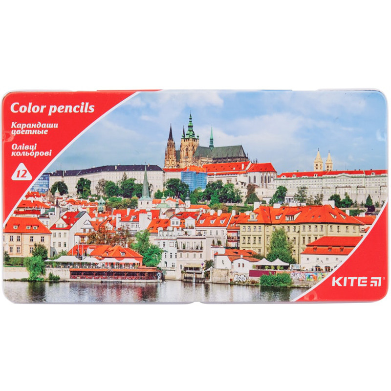 Олівці кольорові 12 кол Kite Міста тригранні в метал. пеналі K17-058-2, фото 1