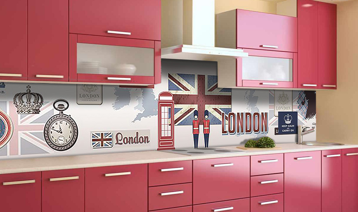 Вініловий кухонний фартух Лондон Прапор (наклейка кухні ПВХ плівка скіналі) символи Англії Абстракція Червоний