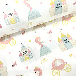 Бавовняна тканина (ТУРЦІЯ шир. 2,4 м) принцеса "little princess" із замками, каретами на білому