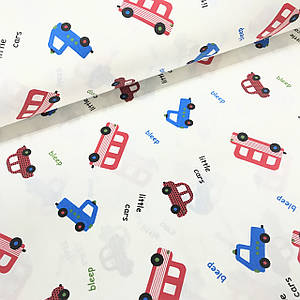 Тканина поплін машинки червоно-сині "little cars" на білому (ТУРЦІЯ шир. 2,4 м) (R-T-0199)