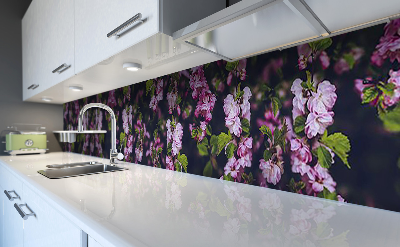 Вініловий кухонний фартух Квітучі гілки 3Д (наклейка для кухні ПВХ плівка скіналі) Квіти Рожевий