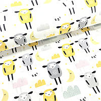 Ткань поплин овечки желто-серые с облаками на белом (ТУРЦИЯ шир. 2,4 м) (R-G-0582)