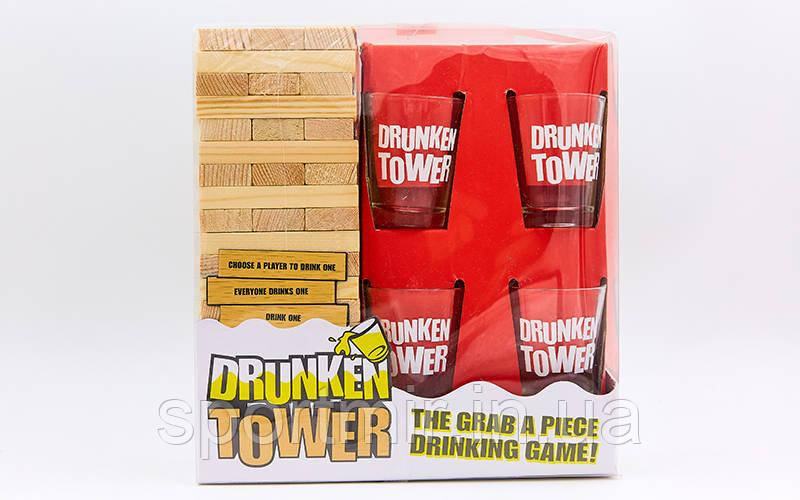 Дженга п'янка вежа Drunken Tower Jenga GB076-1B (дерев'яні блоки — 60 шт., скляні стопки — 4 шт.), фото 1