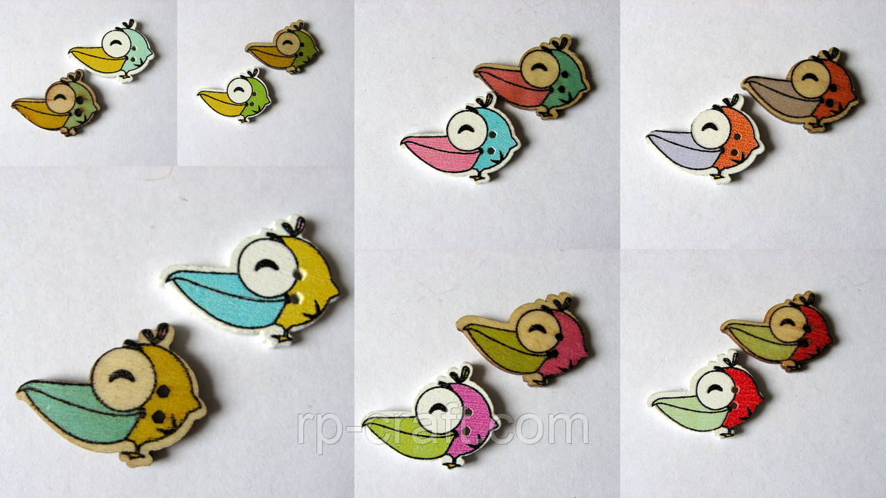 Гудзик дерев'яний, декоративний. Пташка з великим дзьобом, 20х25 мм, фото 1