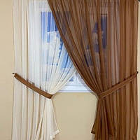 Комплект штор из вуали, коричневый с белым, по 2м