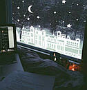 Інтер'єрна вінілова наклейка на вікно і стіну Новорічний містечко (будиночки, зірки, біла наклейка), фото 3