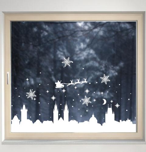 Новорічна інтер'єрна наклейка на вікна та стіни Силует старовинного міста (дед мороз, сніжинки, сніг, прага)