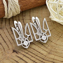 Сережки Слава Україні Тризуб 26735 розмір 20х11 мм вага 2.8 г білі фіаніти позолота Біле Золото