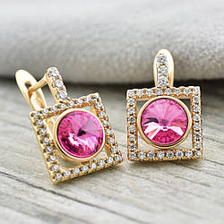 Сережки з кристалами Swarovski 83128 розмір 15х10 мм колір рожевий вага 2.7 г позолота 18К