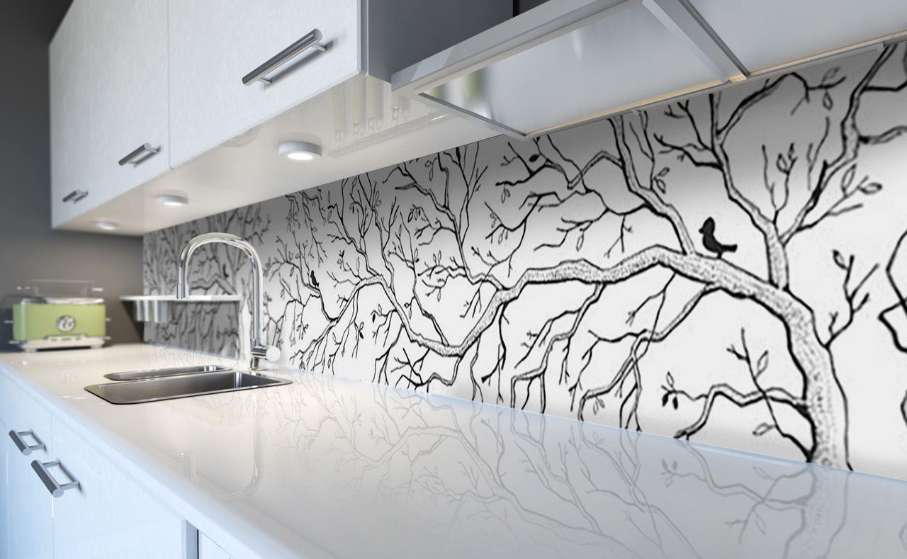 Вініловий кухонний фартух Зимові Гілки (наклейка для кухні ПВХ плівка скіналі) дерево Абстракція Сірий