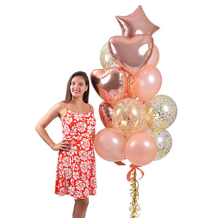 Зв'язка повітряних кульок для дівчини з серцями і зірками в кольорі рожеве золото, фото 2