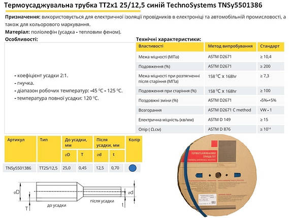 Термоусадочна трубка ТТ2х1 25/12.5 синя в рулонах 50м TNSy5501386, фото 3