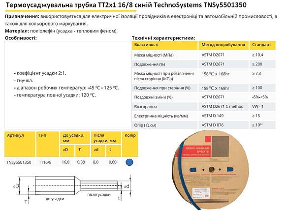 Термоусадочна трубка ТТ2х1 16/8 синя в рулонах 100м TNSy5501350, фото 3