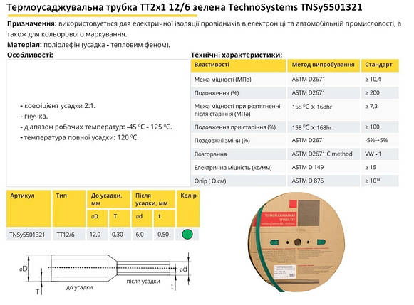 Термоусадочна трубка ТТ2х1 12/6 зелена в рулонах 100м TNSy5501321, фото 3