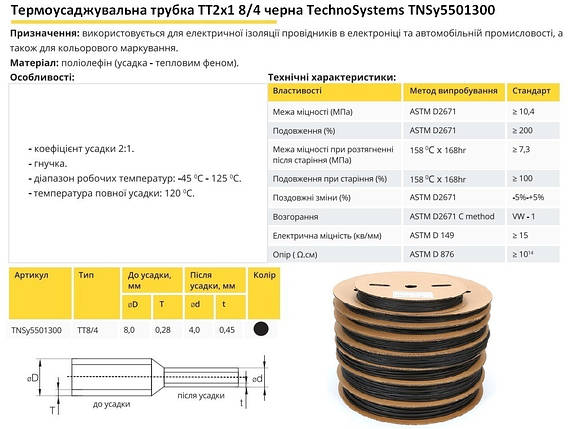 Термоусадочна трубка ТТ2х1 8/4 чорна в рулонах 100м TNSy5501300, фото 3