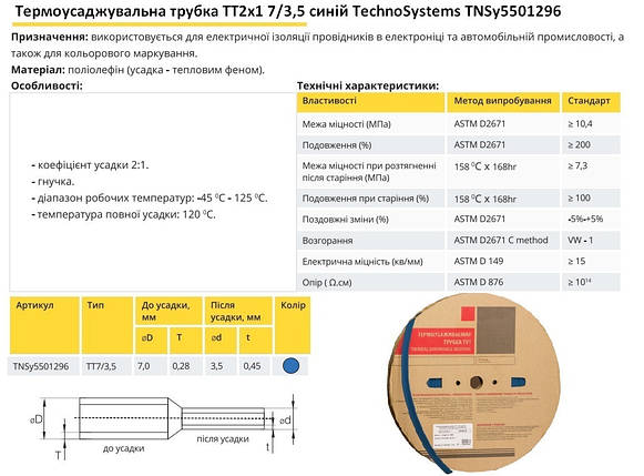 Термоусадочна трубка ТТ2х1 7/3.5 синя в рулонах 100м TNSy5501296, фото 3