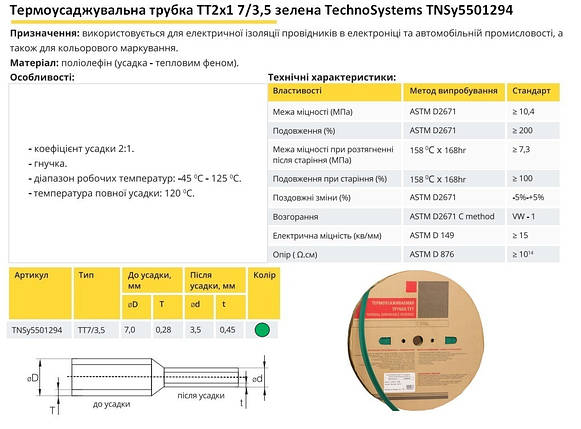 Термоусадочна трубка ТТ2х1 7/3.5 зелена в рулонах 100м TNSy5501294, фото 3