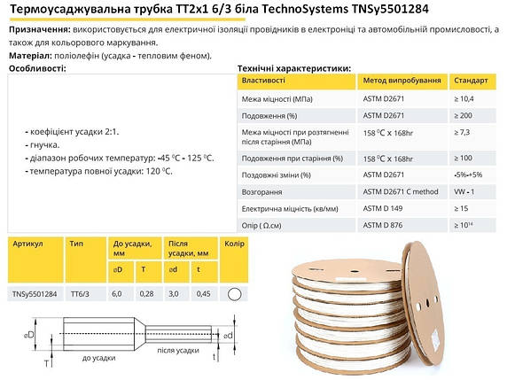 Термоусадочна трубка ТТ2х1 6/3 біла в рулонах 200м TNSy5501284, фото 3