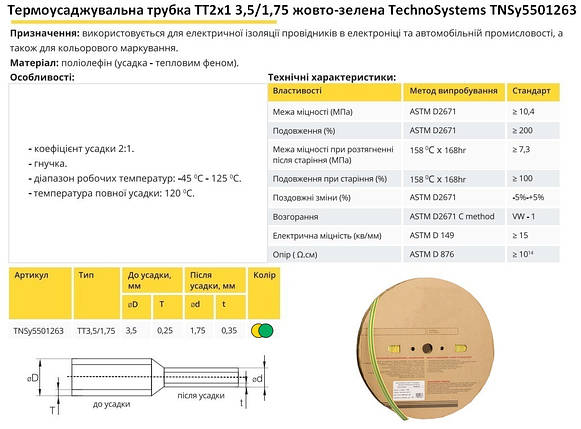 Термоусадочна трубка ТТ2х1 3.5/1.75 жовто-зелена в рулонах 200м TNSy5501263, фото 3