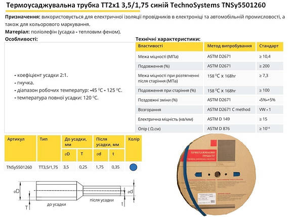 Термоусадочна трубка ТТ2х1 3.5/1.75 синя в рулонах 200м Ny95501260, фото 2