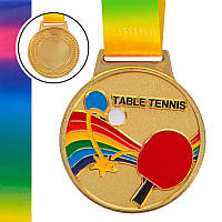 Медаль спортивная с лентой d-6,5см Настольный теннис C-0341 (металл, 38g золото, серебро, бронза)