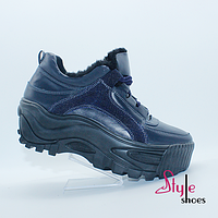Жіночі черевики снікерси на хутрі синього кольору "Style Shoes"