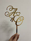Топер фігурка на весільний торт дзеркальний двосторонній з пластику Manific Decor "Ініціали з сердечком", фото 2
