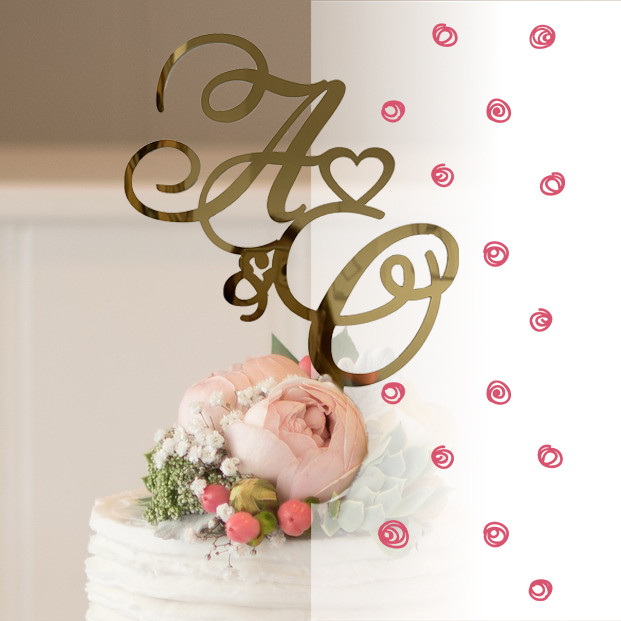 Топер фігурка на весільний торт дзеркальний двосторонній з пластику Manific Decor "Ініціали з сердечком", фото 1