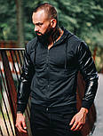 Бомбер чоловічий трикотажний з капюшоном з рукавами з еко-шкіри чорний. Фото в живу. Є 2 кольори, фото 4
